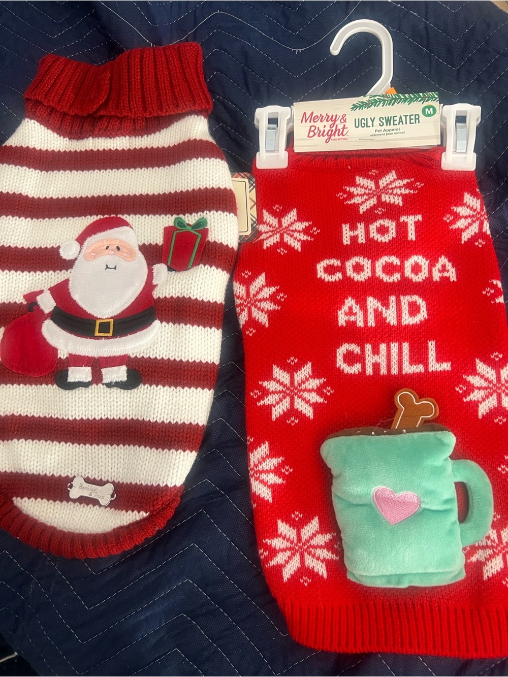 Holiday Dog Sweaters - Red & White Striped Santa + Red 'Hot Cocoa and Chill'